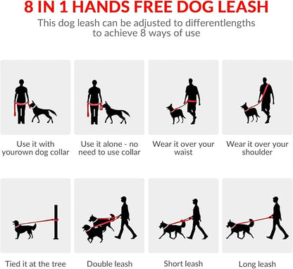 8.2ft Hands Free Dog Leash,Versatile Waist & Crossbody Lead for Medium Dogs,Waterproof & Adjustable for Running Jogging Walking, 360° Swivel Metal Buckle (Red)