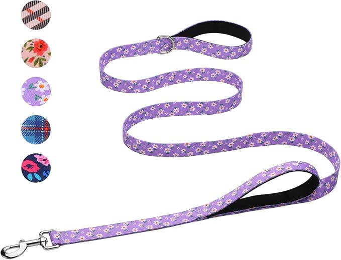 Hikiko 5FT Dog Leash for Small Medium Large Dogs, Dual Padded Handles Dog Lead for Walking Training (Purple Floral)