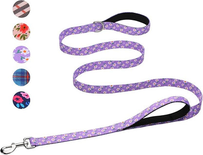 Hikiko 5FT Dog Leash for Small Medium Large Dogs, Dual Padded Handles Dog Lead for Walking Training (Purple Floral)