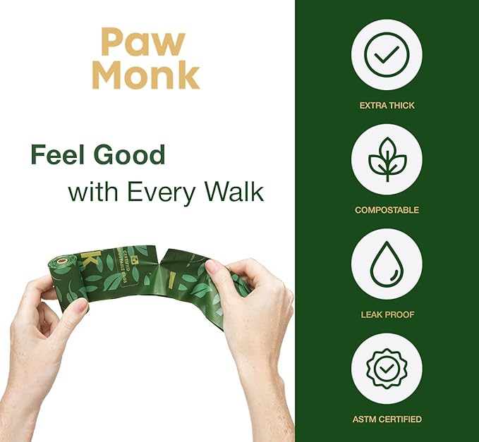 Paw Monk Certified Home Compostable Dog Poop Bags Rolls Refill-120 Bags, Extra Thick 20 Micron, Leakproof & Easy Open doggy poop bags, Unscented