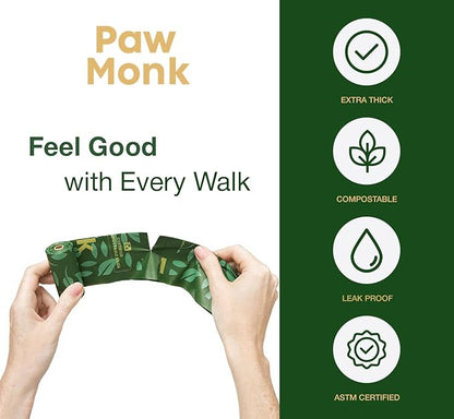 Paw Monk Certified Home Compostable Dog Poop Bags Rolls Refill-120 Bags, Extra Thick 20 Micron, Leakproof & Easy Open doggy poop bags, Unscented