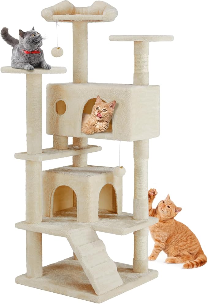 DUMOS 54-inch Indoor Cat Tree Tower –Multi-Level Pet House for Large Cats with 2 Condos, Scratching Posts, Round Platform, Small Ladder, and Toys, Beige