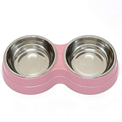 Dog Bowls Double Dog Water and Food Bowl Stainless Steel with Anti-Tip Base, Food and Water Set for Small Medium Pets (Pink)