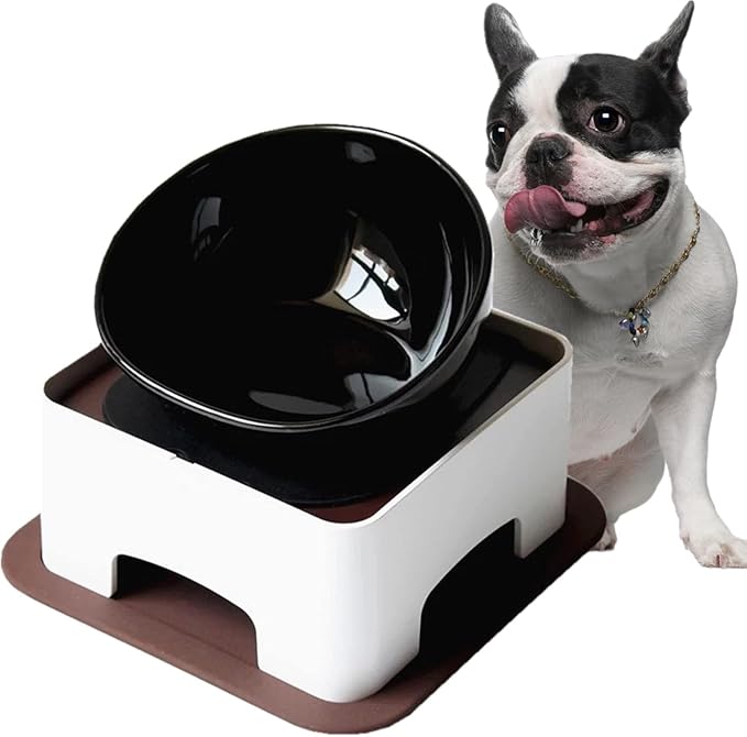 Ceramic Bulldog Bowl Dog Feeding Bowl - Dog Dish Wide Mouth Pet Sterile Tilted Pet Feeder with Anti-Skid Rubber Mat for Small Medium Dogs (Black Replacement Bowl.(ONLY Bowl))