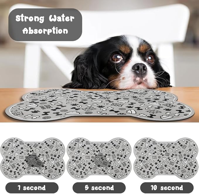 Dog Food Mats for Floors Waterproof, Pet Feeding Absorbent Water Bowl Mat Cat Placemats Gray Bone Shape 25.5 * 17 inch