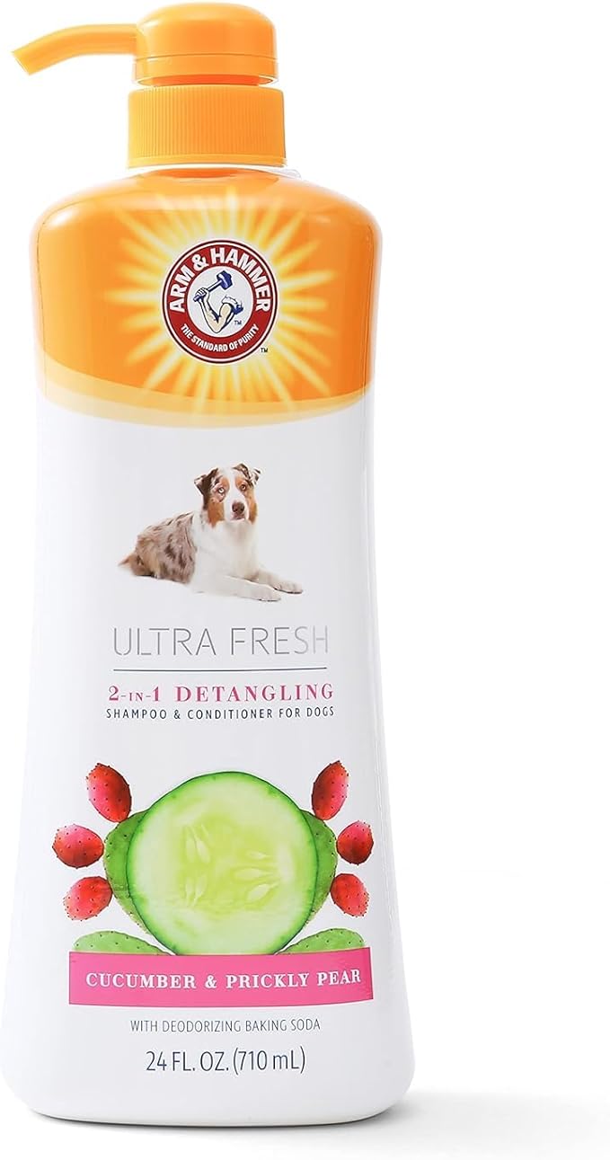 Arm & Hammer Ultra Fresh 2 in 1 Detangling Dog Shampoo and Conditioner with Baking Soda Deodorizer, Moisturizing Pet Wash for Tangles and Odor Control, Cucumber Prickly Pear Scent, 24 Fl Oz