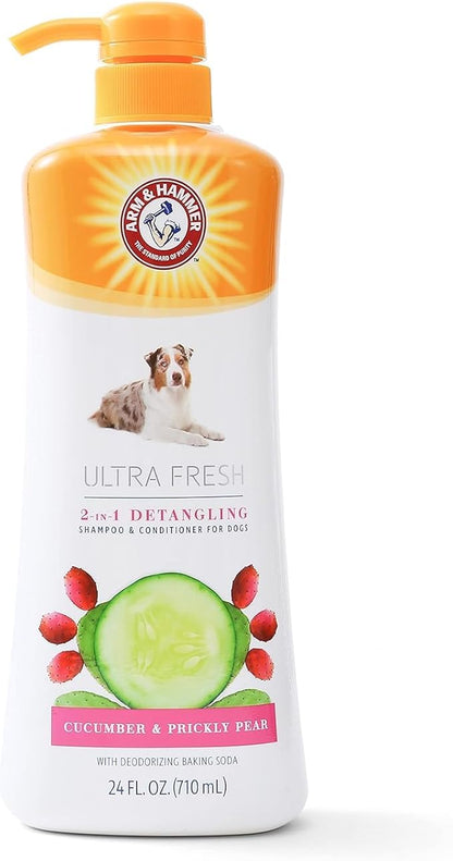 Arm & Hammer Ultra Fresh 2 in 1 Detangling Dog Shampoo and Conditioner with Baking Soda Deodorizer, Moisturizing Pet Wash for Tangles and Odor Control, Cucumber Prickly Pear Scent, 24 Fl Oz