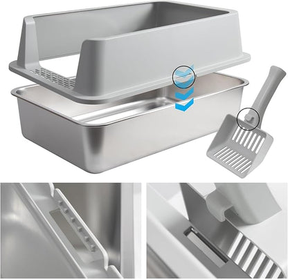 Stainless Steel Litter Box with Lid, XL Metal Litter Box 2 Pack, Extra Large Cat Litter Boxes for Big/Multiple Cats, Anti-Urine Leakage,No Smell, Non-Stick, Includes Scooper and Mat