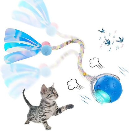 Interactive Cat Ball Toy, Automatic Self-Rolling, Motion-Activated, 3 Replaceable Teaser Wand Tails, Food-Grade TPU-Reinforced, Built-In Bluetooth Speaker with Preloaded Bird Sounds/Optional Music