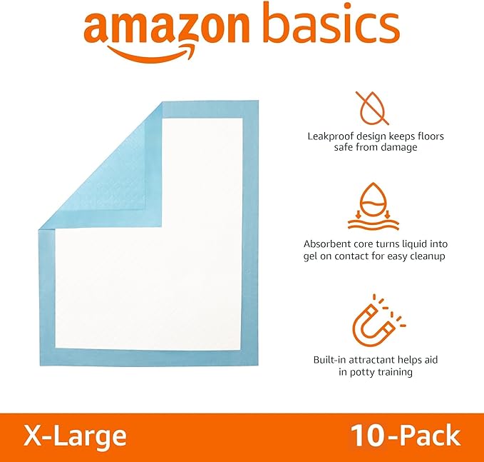 Amazon Basics Puppy Pads, Heavy Duty with 5-Layer Leak-Proof Design, Quick-Dry Surface, Built-In Attractant Potty Pads for Dogs, X-Large, 34 x 28 in., 10-Count