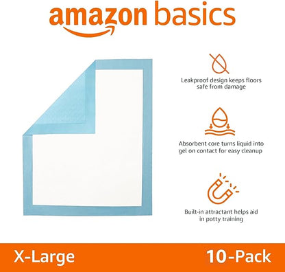 Amazon Basics Puppy Pads, Heavy Duty with 5-Layer Leak-Proof Design, Quick-Dry Surface, Built-In Attractant Potty Pads for Dogs, X-Large, 34 x 28 in., 10-Count