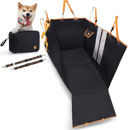 Dog Car Seat Cover, Convertible Dog Hammock Scratchproof Pet Car Seat Cover with Mesh Window, Storage Bag and Seat Belts, Durable Nonslip Dog Seat Cover for Cars Trucks SUVs (Black)
