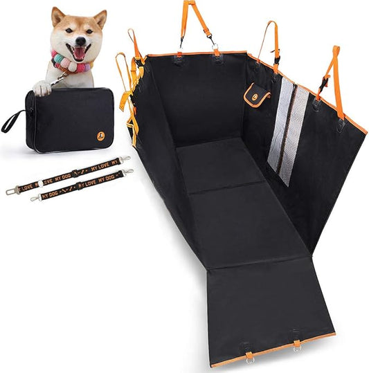 Dog Car Seat Cover, Convertible Dog Hammock Scratchproof Pet Car Seat Cover with Mesh Window, Storage Bag and Seat Belts, Durable Nonslip Dog Seat Cover for Cars Trucks SUVs (Black)