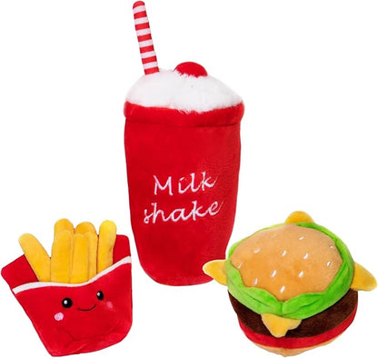 Glow Pups Dog Toys, Squeaky Plush Food Parody Dog Toy with Fun Fast Food Design, Durable Plush Material for Small to Medium Dogs (3 Pack: Hamburger, Fries, Milkshake) - Red