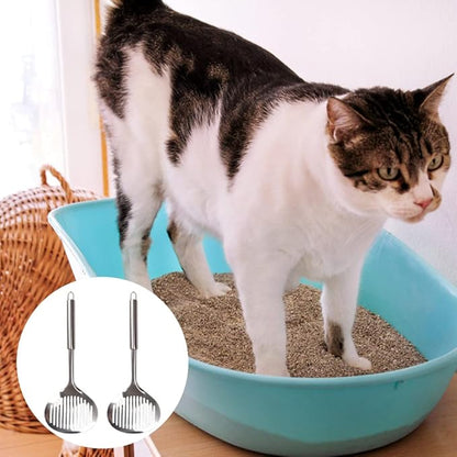 2pcs Cat Litter Scoop, Stainless Steel Litter Scoop Long Handle Durable Cat Mesh Shovel (Sliver)