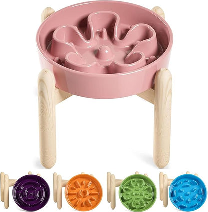 LE TAUCI Ceramic Slow Feeder Dog Bowls Elevated, 3 Cup Raised Bowl with Wooden Stand for Medium Large Breed, Slow Down Eating, Puzzle Dog Food Bowl, Pink Bloom