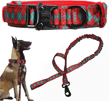 Christmas Tactical Dog Collar and Leash Set Adjustable Nylon Collar Dog Training Collar Leash Set with Control Handleand （Christmas Green L