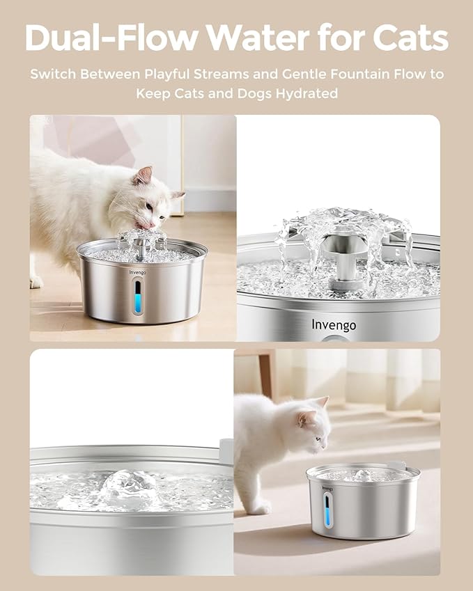 Cat Water Fountain Stainless Steel 3.2L/108oz, Automatic Pet Fountain for Cats & Dogs, Ultra Quiet <25 dB Pump, LED Water Level Window, Easy to Clean