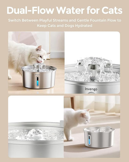 Cat Water Fountain Stainless Steel 3.2L/108oz, Automatic Pet Fountain for Cats & Dogs, Ultra Quiet <25 dB Pump, LED Water Level Window, Easy to Clean