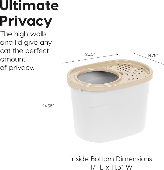 IRIS USA Large Top Entry Cat Litter Box with Lid Enclosed Covered Hooded Design Litter Catching Scatter Shield Pan Dog Proof Pet Proof Scoop Included Odor Control for Indoor Cats Kittens White/Beige