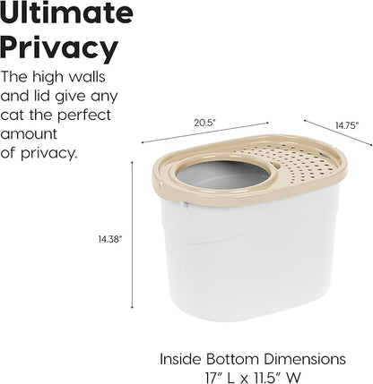 IRIS USA Large Top Entry Cat Litter Box with Lid Enclosed Covered Hooded Design Litter Catching Scatter Shield Pan Dog Proof Pet Proof Scoop Included Odor Control for Indoor Cats Kittens White/Beige