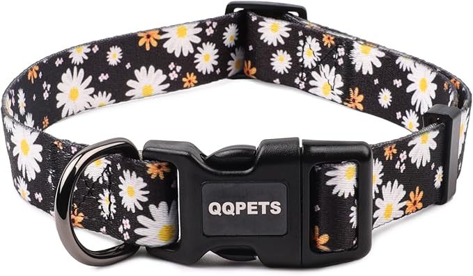 QQPETS Adjustable Soft Dog Collar: Print Flower Pink Multicolor Cute Patterns for XS Small Medium Large Pet Girl Boy Puppy Walking Running Training (S, White Daisy)