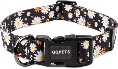 QQPETS Adjustable Soft Dog Collar: Print Flower Pink Multicolor Cute Patterns for XS Small Medium Large Pet Girl Boy Puppy Walking Running Training (S, White Daisy)