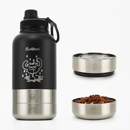 34oz Dog Water Bottle, Stainless Steel Dog Water Bottle Dispenser with Detachable Food & Water Bowls, Keeps Water Hot/Cold, for Walking, Hiking, Camping(Black)