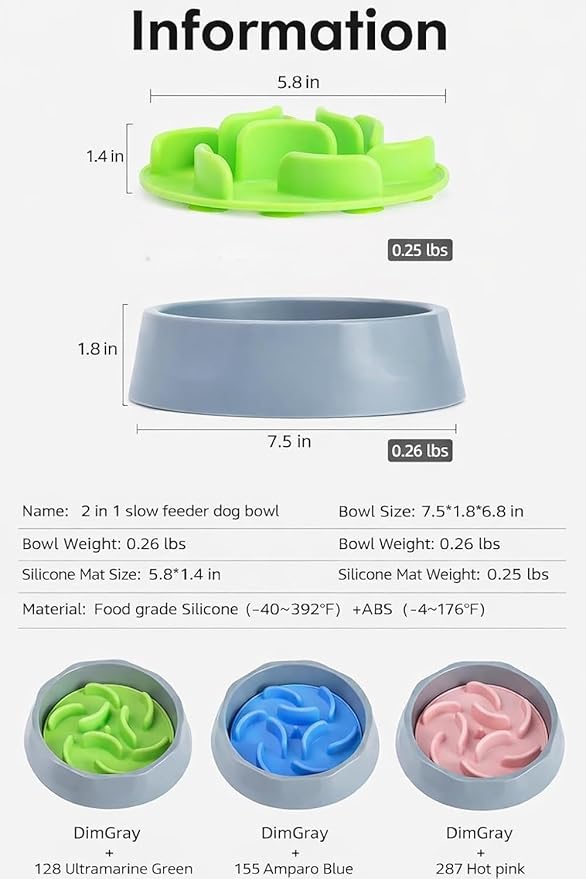 Oak & Tail Slow Feeder Dog Bowl with Removable Silicone Insert, 2-in-1 Pet Food Water Bowl, Anti-Gulping Design for Healthy Eating, Gray Pink