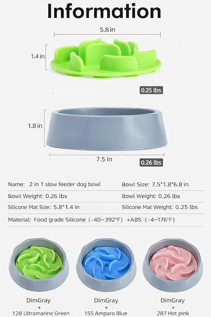 Oak & Tail Slow Feeder Dog Bowl with Removable Silicone Insert, 2-in-1 Pet Food Water Bowl, Anti-Gulping Design for Healthy Eating, Gray Pink