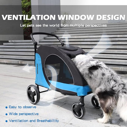 Pet Stroller for Large Dogs up to 80lbs, All-Terrain with Adjustable Handle & Mesh Dual-Windo, Large Dog Stroller for Multiple Pets, Blue