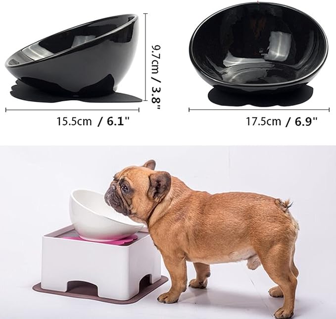 Ceramic Bulldog Bowl Dog Feeding Bowl - Dog Dish Wide Mouth Pet Sterile Tilted Pet Feeder with Anti-Skid Rubber Mat for Small Medium Dogs (Black)