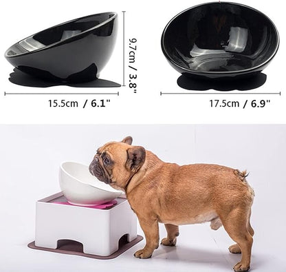 Ceramic Bulldog Bowl Dog Feeding Bowl - Dog Dish Wide Mouth Pet Sterile Tilted Pet Feeder with Anti-Skid Rubber Mat for Small Medium Dogs (Black)