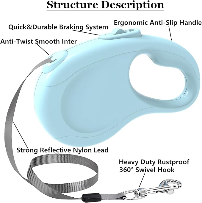 Retractable Dog Leash, 16Ft/5M Light Weight Retractable Leash for Small Medium Dogs/Cats Up to 50lbs, Strong Nylon Tape 360° Tangle-Free One-Hand Brake (Blue)