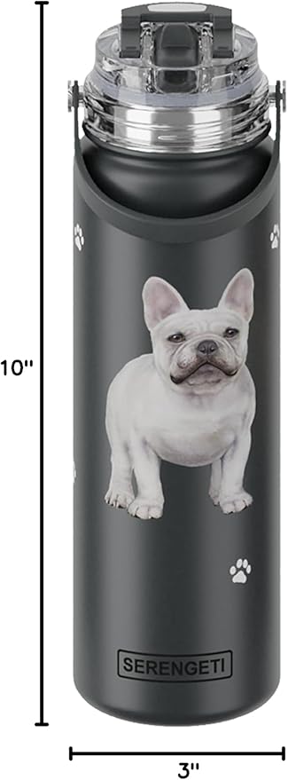 E&S Pets SERENGETI 24 Oz Water Bottle Stainless Steel with Spill Proof Lid - Double walled Vacuum Insulated water flask - Realistic 3D Print of your favorite dog (French Bulldog)