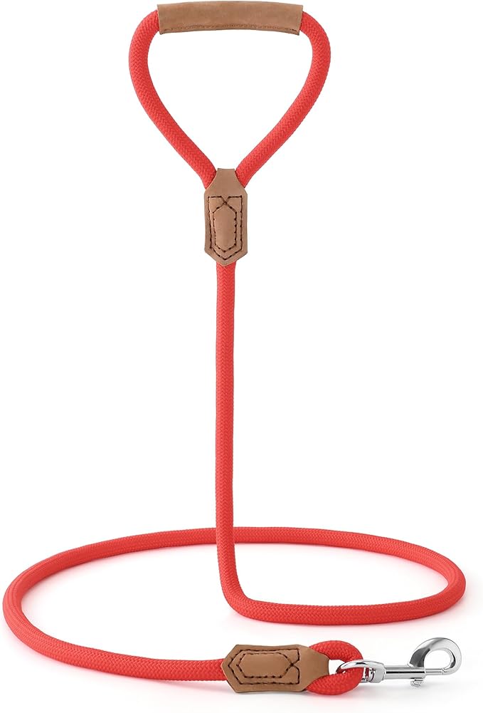 Mile High Life Leather Dog Leash, Heavy Duty Strong Genuine Leather Handle Rope Leash Soft and Comfortable for Small Medium Large Dogs (Red, 48 Inch)