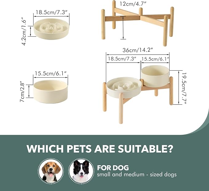 Ceramic 1.2 Cup Raised Slow Feeder Dog Bowl Set, Elevated 6.1inch Bowl and 7.3inch Puzzle Slow Food Dish with Wooden Stand for Medium and Small Dog, Anti-Gulping (2 xLight Yellow+ Stand)