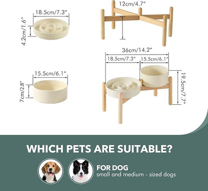Ceramic 1.2 Cup Raised Slow Feeder Dog Bowl Set, Elevated 6.1inch Bowl and 7.3inch Puzzle Slow Food Dish with Wooden Stand for Medium and Small Dog, Anti-Gulping (2 xLight Yellow+ Stand)