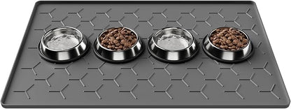 Pieviev 34''x22'' Dog Cat Food Bowl Mat, Silicone Waterproof Food Grade Pet Food Mat for Floor, High Raised Edge to Prevent Spills, Non-Slip & Easy Clean Pet Placemat for Dog & Cat Bowls, Dark Gray