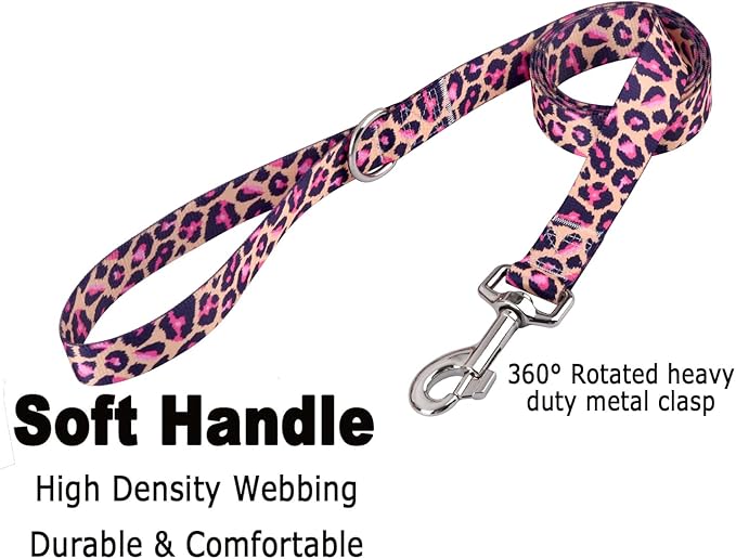 Dog Collar and Leash Set with Bohemia Floral Tribal Geometric Patterns - Soft Ethnic Style Collar Adjustable for Small Medium Large Dogs(Pink Leopard Set,M)