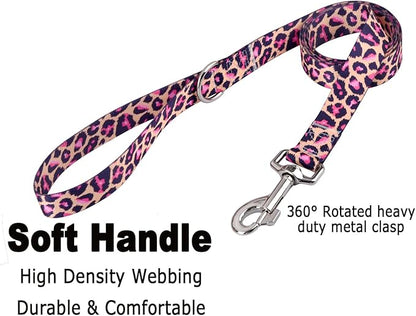 Dog Collar and Leash Set with Bohemia Floral Tribal Geometric Patterns - Soft Ethnic Style Collar Adjustable for Small Medium Large Dogs(Pink Leopard Set,S)