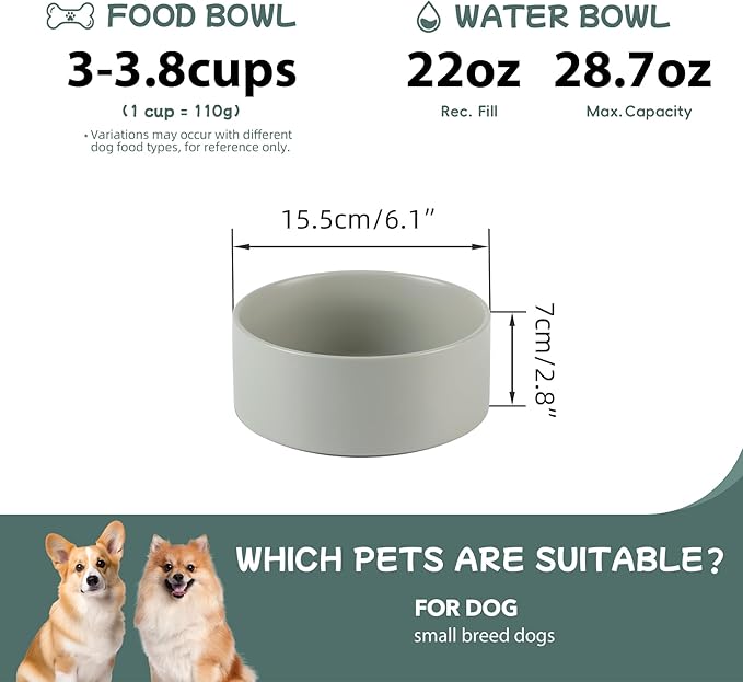 Ceramic 6.1inch Non-Slip Dog Food and Water Bowl for Small & Medium Breed Dogs,Pet Bowl for Replacement, Protects Cervical Spine (Grey)