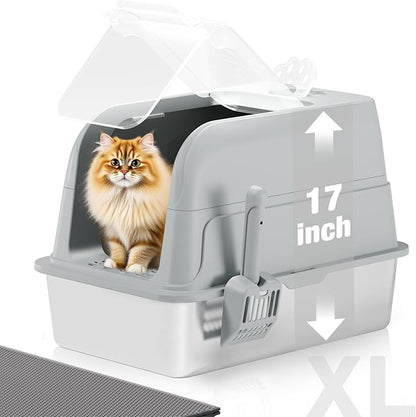 Stainless Steel Cat Litter Box Fully Enclosed, Extra Large Metal High Sided Cat Box with 120° Fully Transparent See-Through Flip Lid, Scoop & Mat - Grey - XL