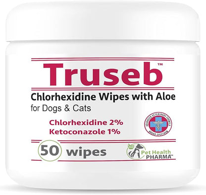 Truseb Chlorhexidine Wipes for Dogs Cats Horses with Aloe Vera - Medicated Ketoconazole Wipes for Skin Irritation, Hot Spots, Redness Relief (50 Count)