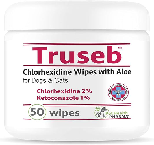 Truseb Chlorhexidine Wipes for Dogs Cats Horses with Aloe Vera - Medicated Ketoconazole Wipes for Skin Irritation, Hot Spots, Redness Relief (50 Count)