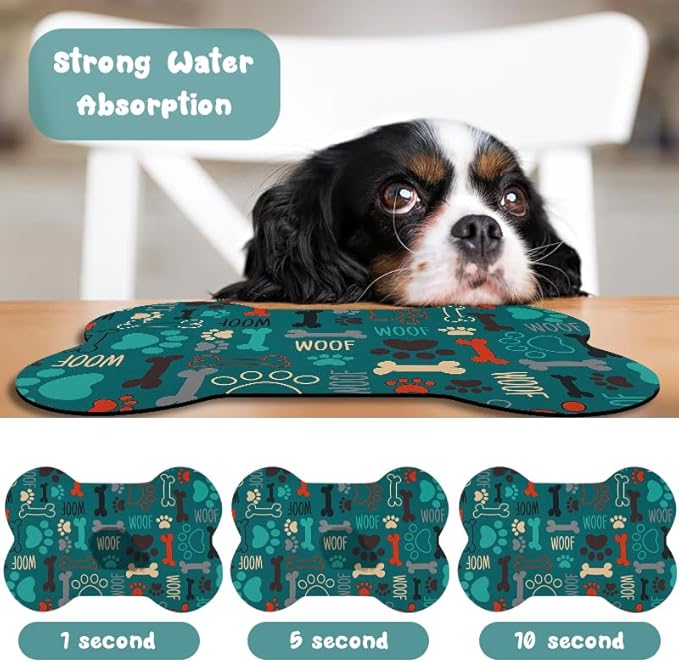 Dog Food Mats for Floors Waterproof, Pet Feeding Absorbent Water Bowl Mat Cat Placemats Green Bone Shape 23.6 * 15.7 inch