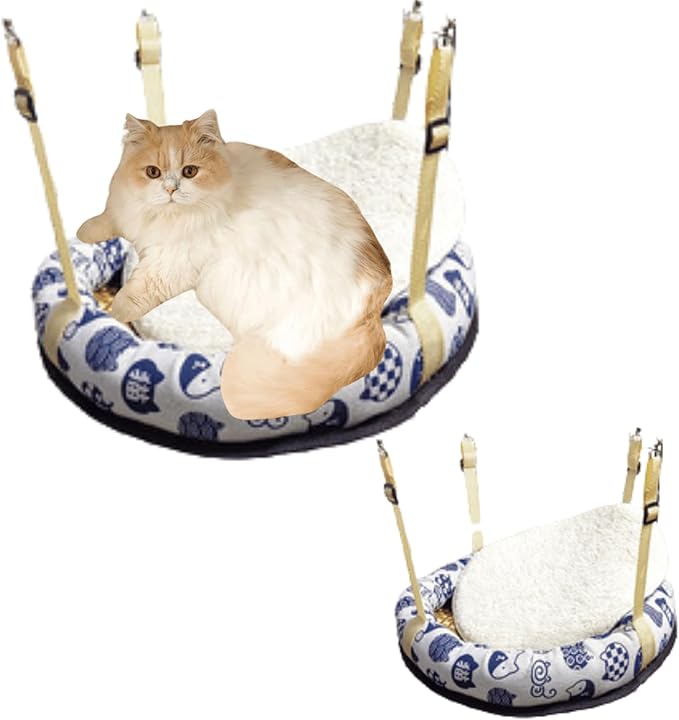 Hanging Cat Bed with Rattan Mat and Cotton Pad Cat Swing Hammock for Cage Kitten Cage Pet Hammock Ferret Bed Desk Accessories Indoor Hanging Bed Kitten Puppy Rabbit Bunny (Round-White,Large)