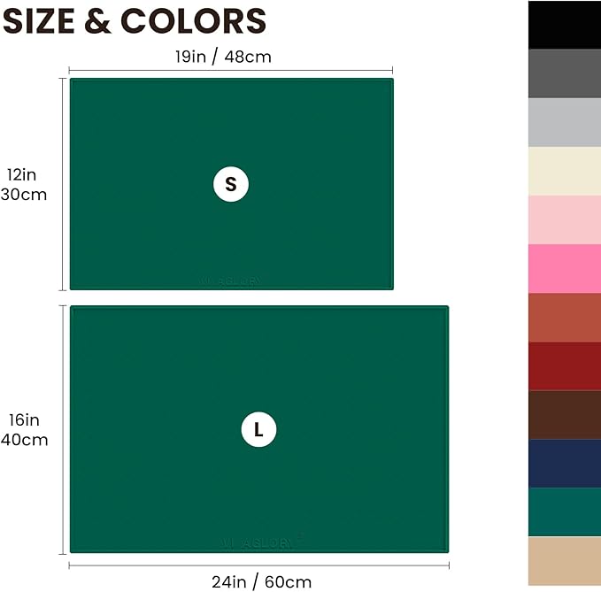 VIVAGLORY Dog Bowl Mat Grippymat Pet Food Mat, Waterproof Washable Nonslip Silicone for Pet & Cat, Food and Water Placemat with Lip & Raised Edges for Indoor Floor, S, Deep Green