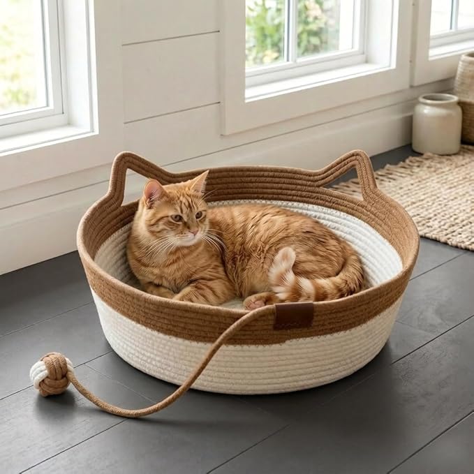 Stimulicat Handwoven Cat Basket – Foldable Cat Hammock with Scratching Area & Interactive Rope Ball – Breathable Pet Bed with Cat Ear Handles – Machine Washable & Portable (White-Pink)