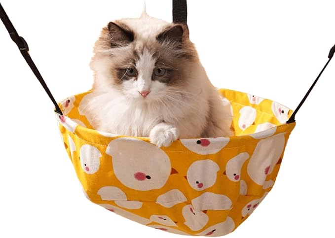 Cat Hammock Lounge Cat Hanging Bed for Cage Kennel Chair with Metal Frame, Adjustable Straps, Built-in Steel Support, Suitable for All Seasons (Yellow,Small)
